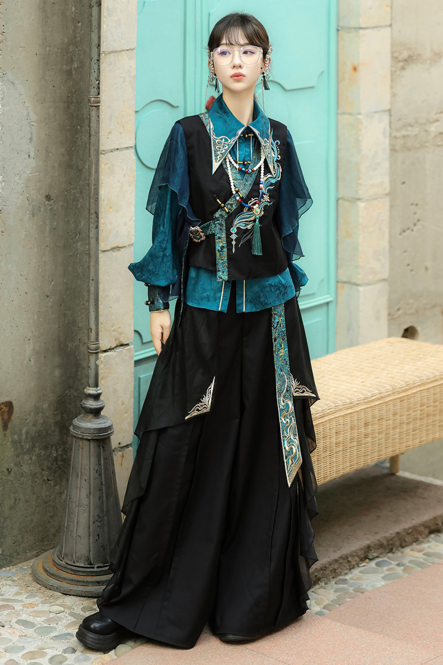 Ruan Chinese-style Top + Vest + Wide Leg Pants + Necklace
