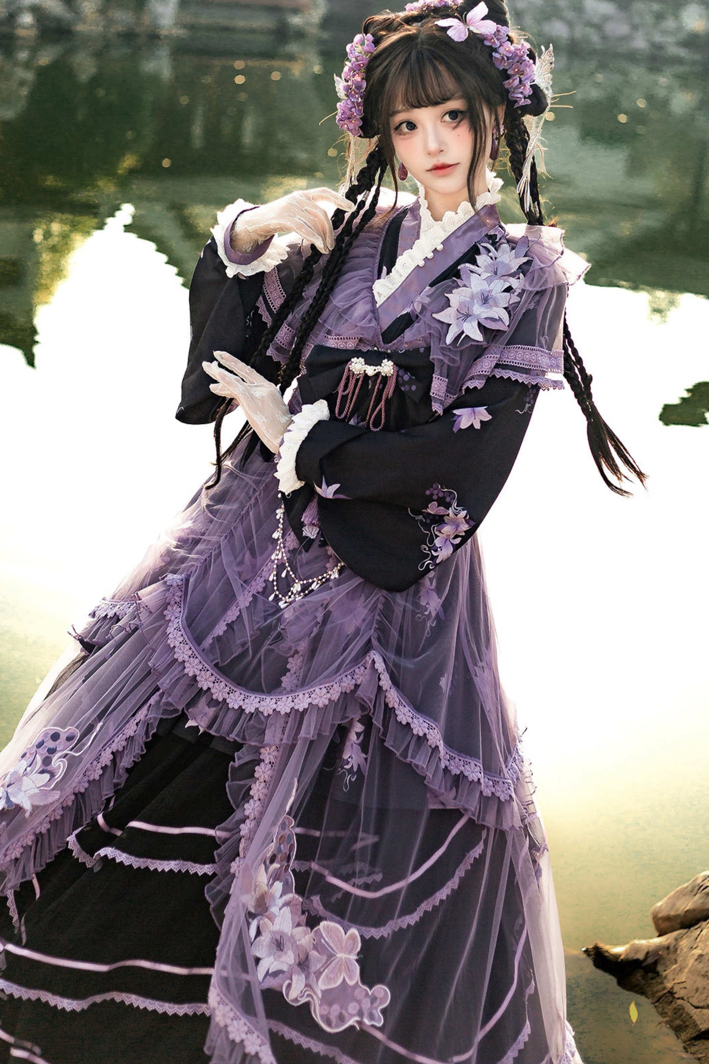 Dark Chinese-style Cross Collar Dress + Overdress + Skirt