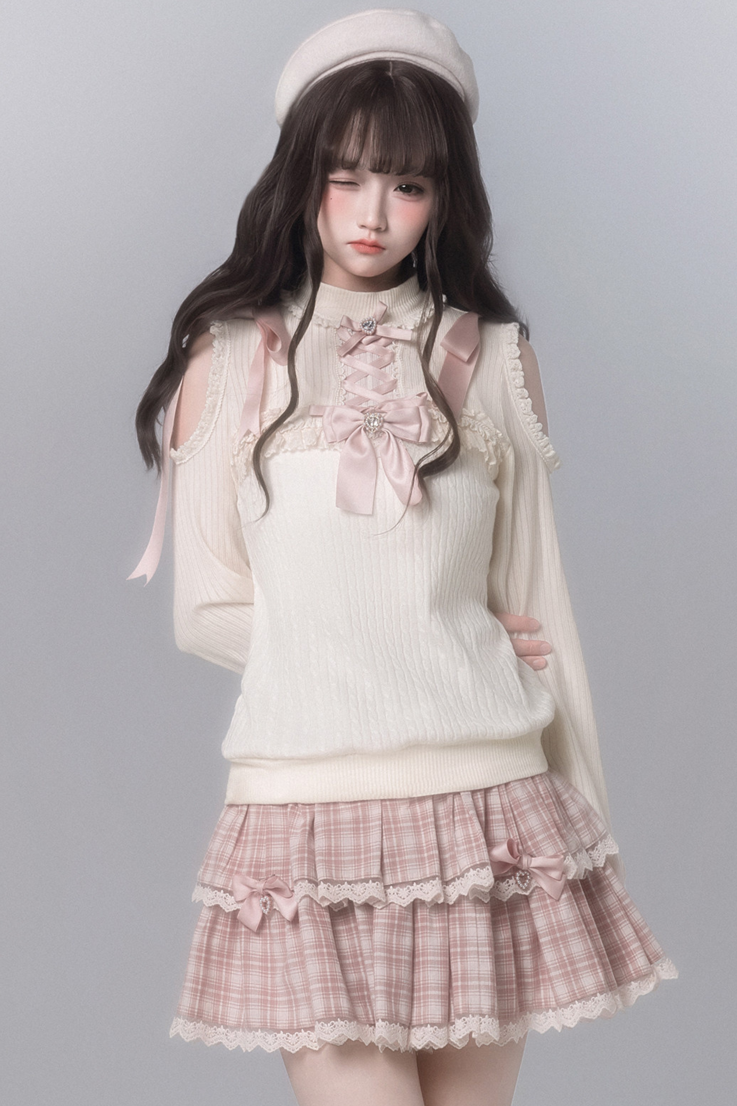 Sweet Off Shoulder Knit Top + Checkered Skirt + Bow Tie