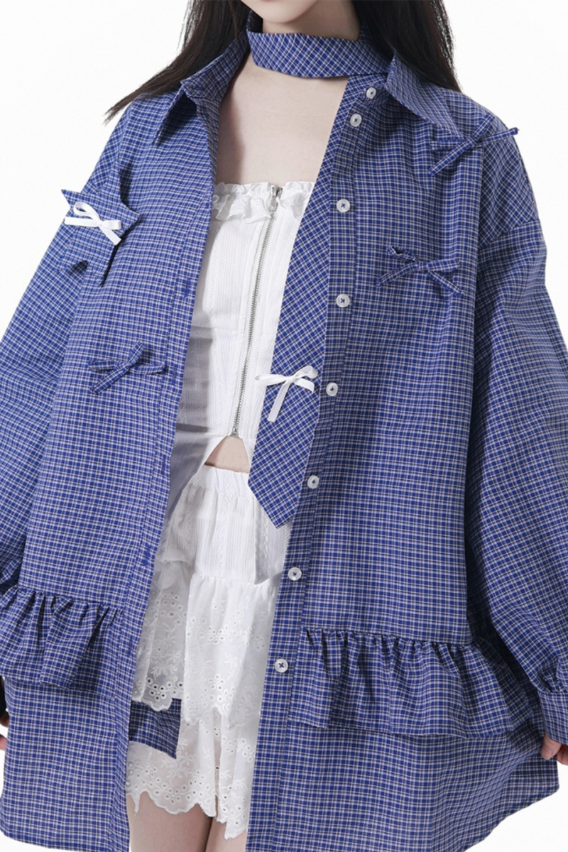 Plaid Tie Blouse Ursus Camisole + Skirt + Short Top