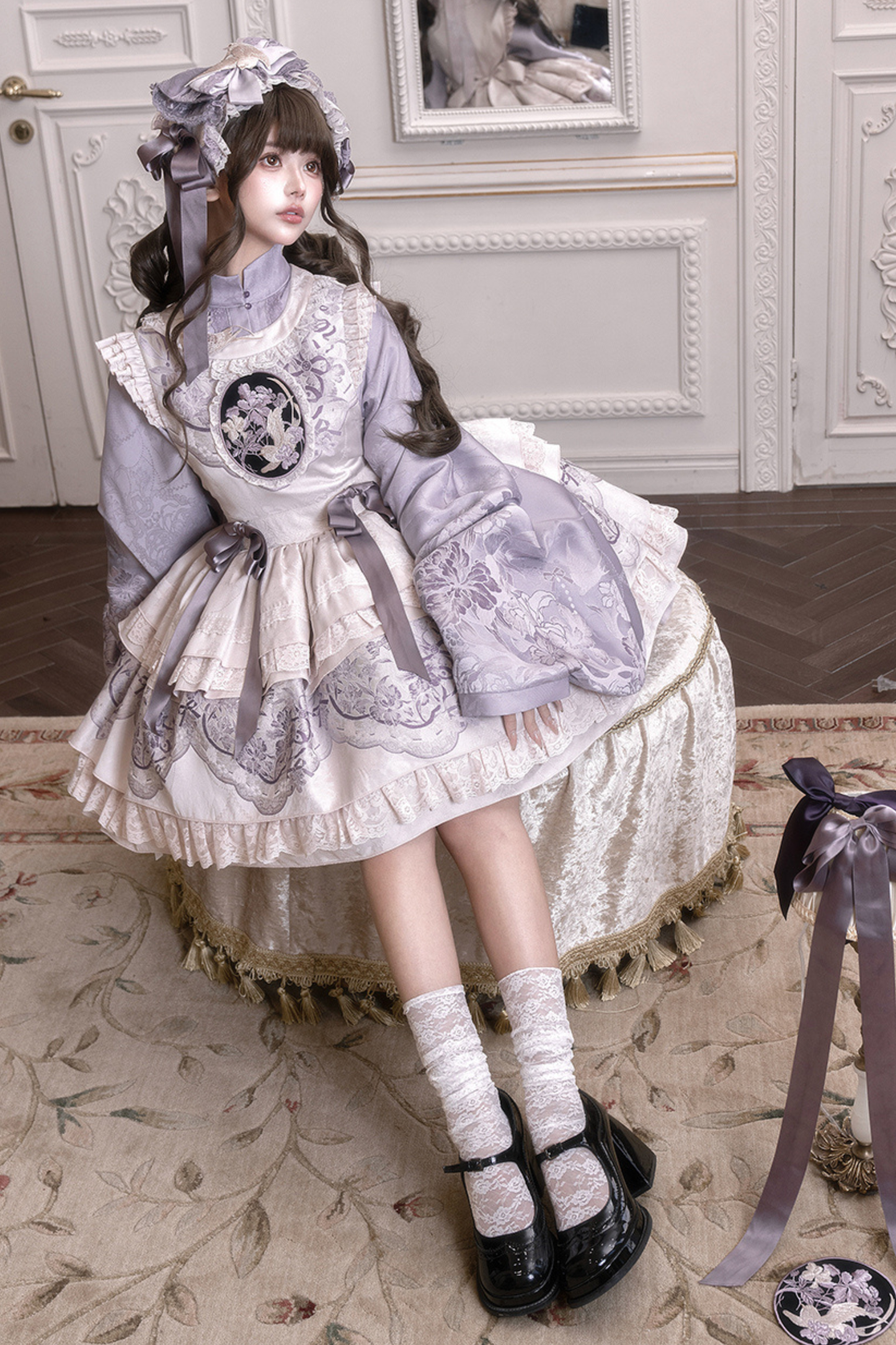 Chinese-style Stand Collar Jacket + Suspender Dress + Hairband