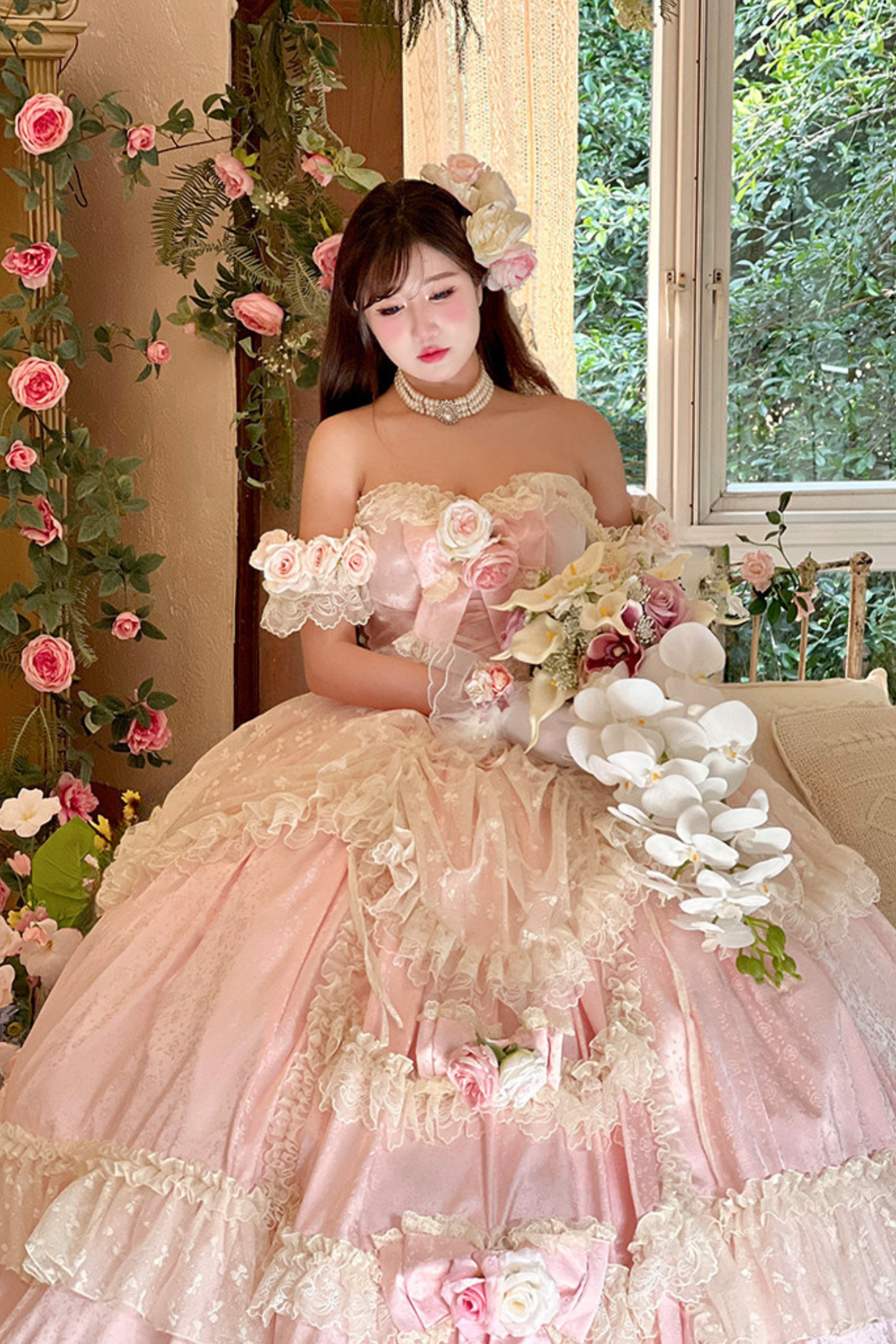 Love and Flower Sweet Dress + Ribbon Hair Accessory + Flower Hair Accessory