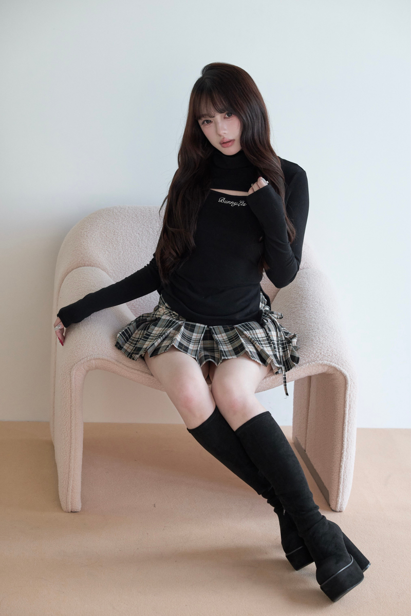 High Neck Knit Top + Plaid Skirt