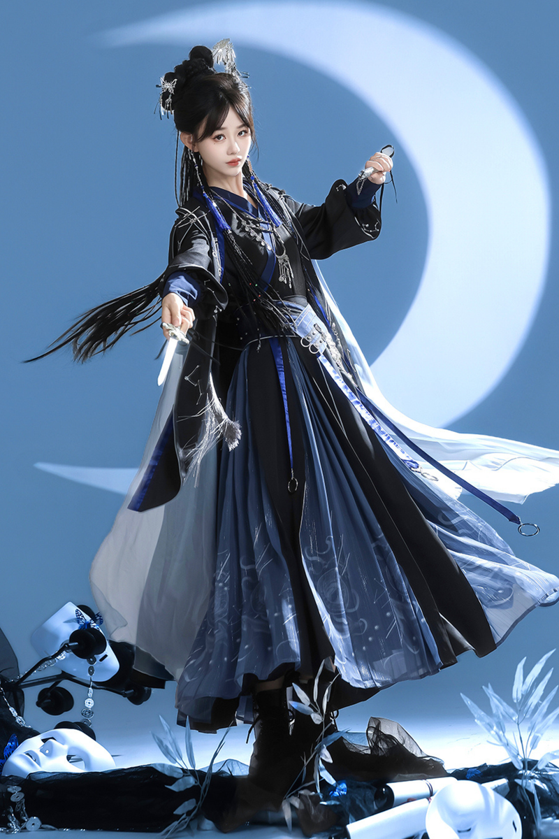 Dark Chinese-style Hooded Top + Belt + Cape + Necklace + Skirt