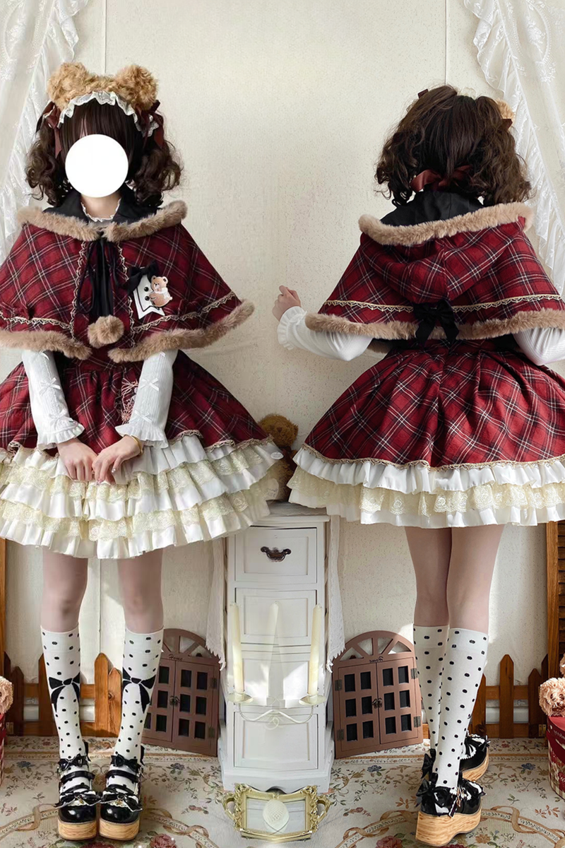 [pre-order] Plaid Lolita Jsk + Hooded Cloak + Knit + Bear Headband