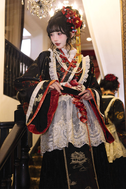 Chinese-style Design Top + Long Skirt + Apron