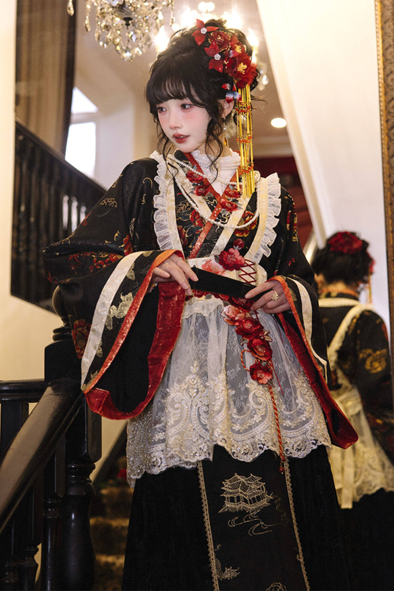 Chinese-style Design Top + Long Skirt + Apron