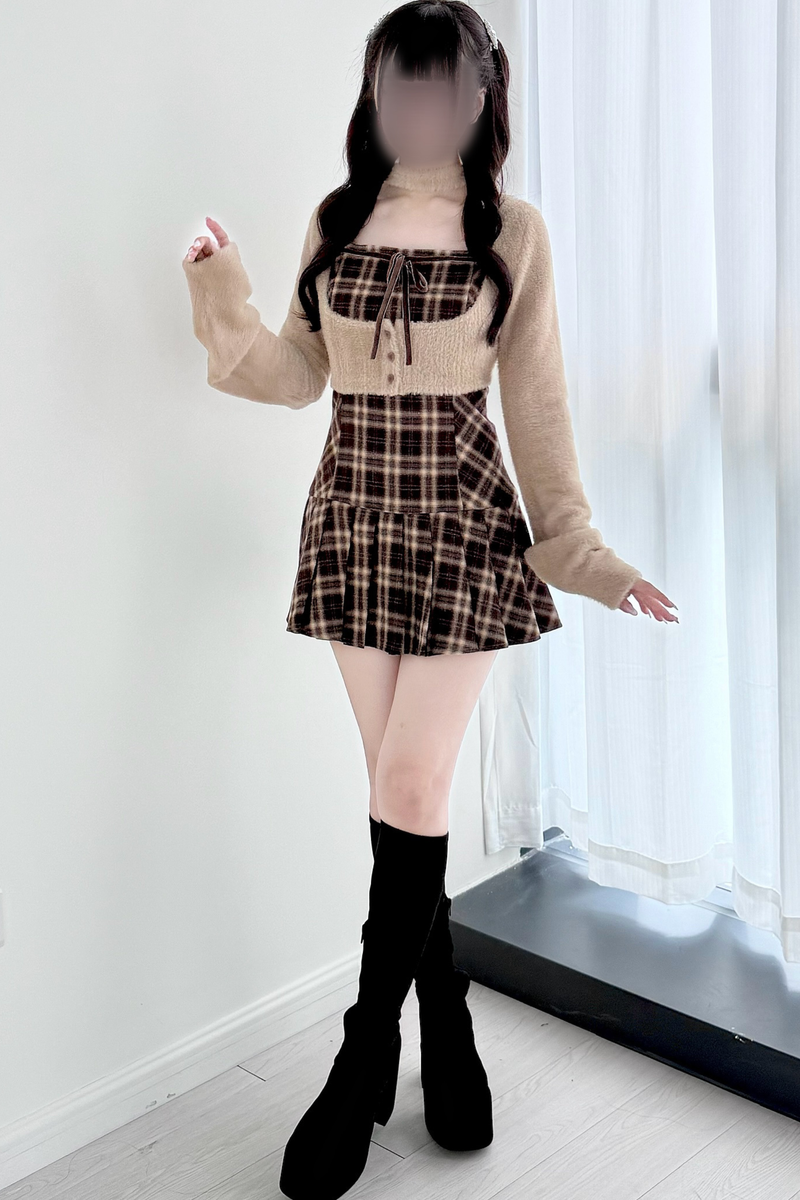 Checked Flared Dress + Short Cardigan