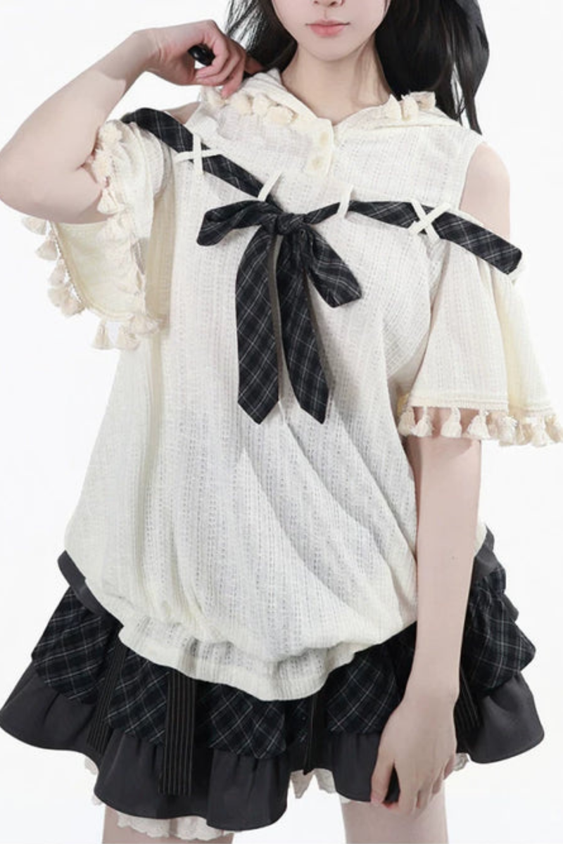 Off Shoulder Hoodie Top + Ruffled Top + Tiered Skirt + Camisole