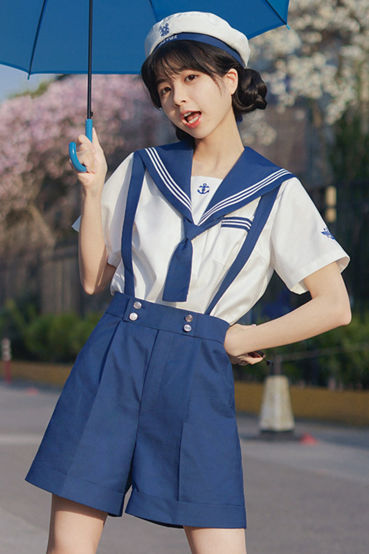Sailor Shirt + Suspender Shorts + Tie + Beret