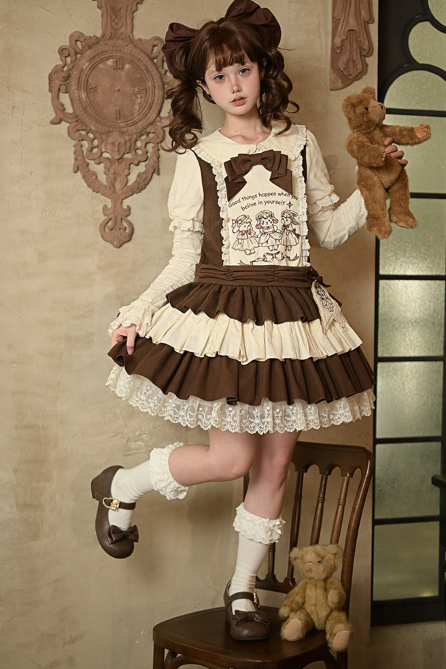Doll Fairytale Lolita Dress + Bow Brooch + Belt + 2way Embroidery Brooch