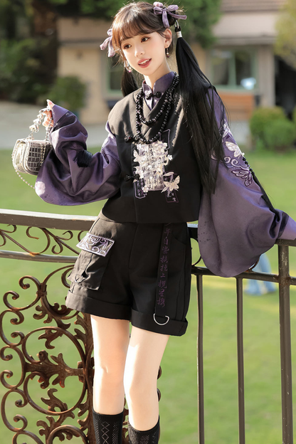 Dark Chinese-style Top + Vest + Shorts + Necklace