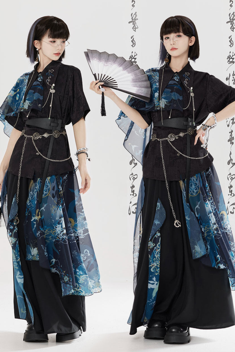 Dark Chinese-style Shirt + Wide Leg Pants + Chain + Belt