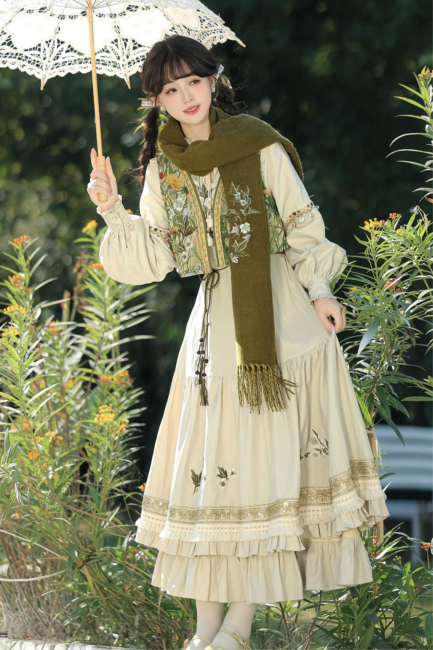 Pastoral Lolita Long Sleeve Dress + Vest + Scarf