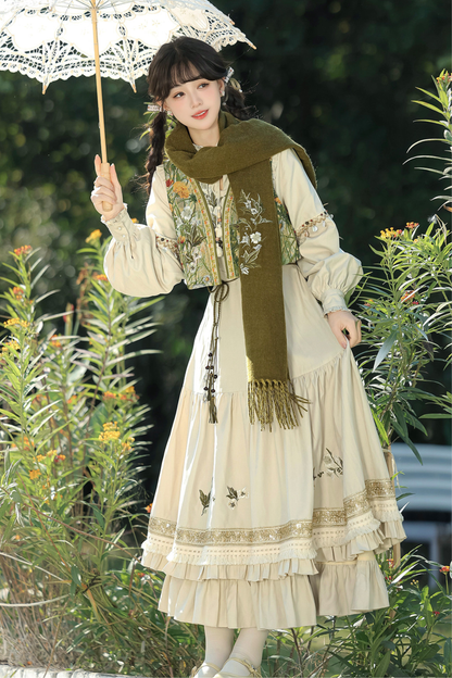Pastoral Lolita Long Sleeve Dress + Vest + Scarf