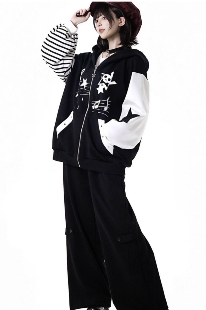 Striped Rock Print Hoodie Jacket + Tops + Long Pants + Skirt