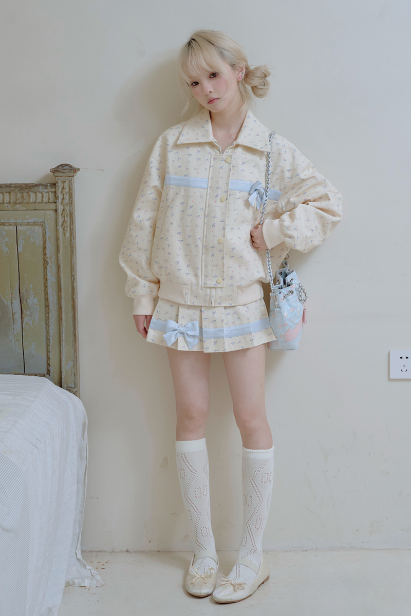 Flower Ribbon Jacket + Pleated Skirt