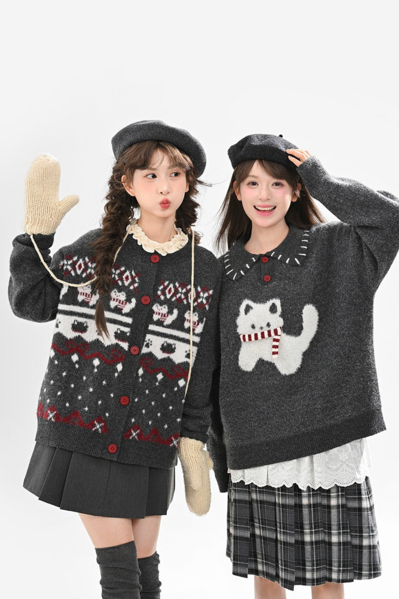 Cat Knit Sweater + Snowflake Cardigan