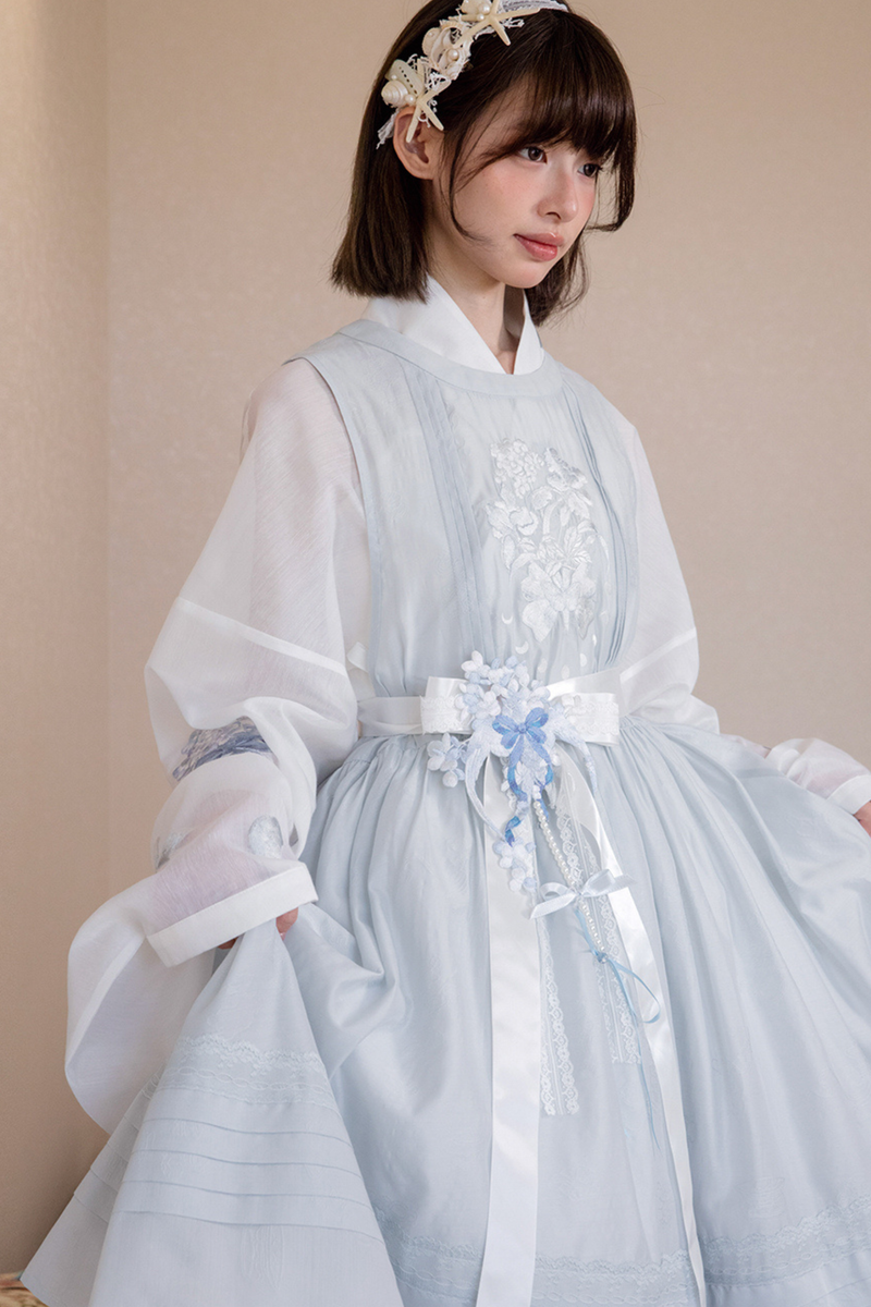 Pure White Chinese Dress + Cover Apron + Belt