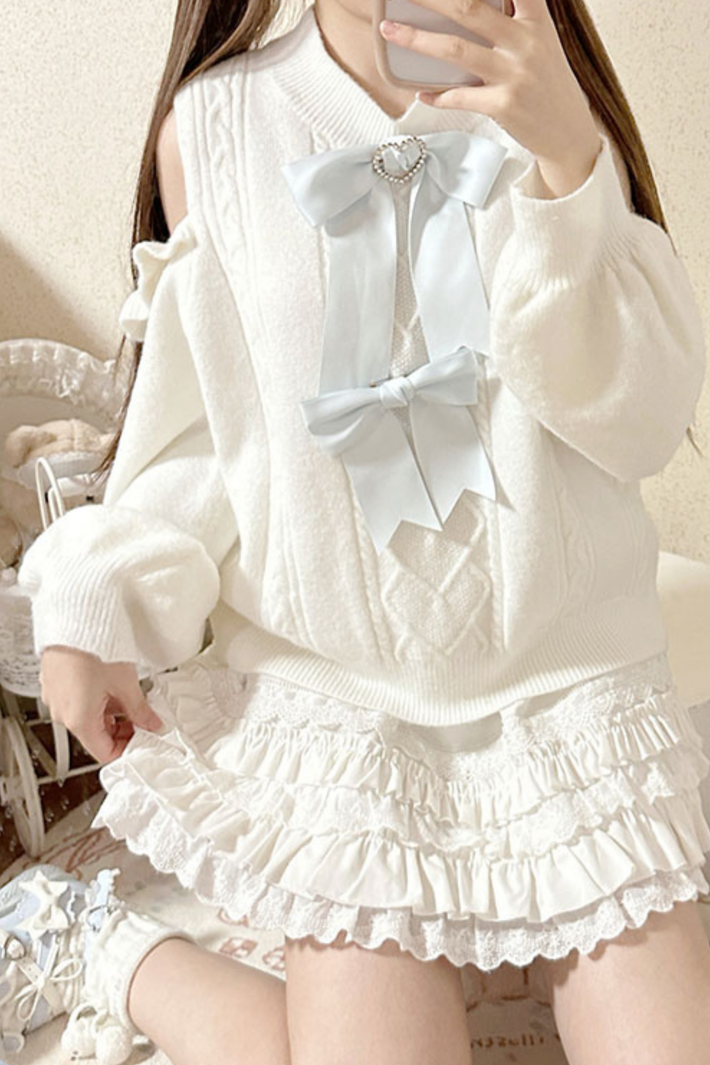 Sweet Girly Ribbon White Aqua Top