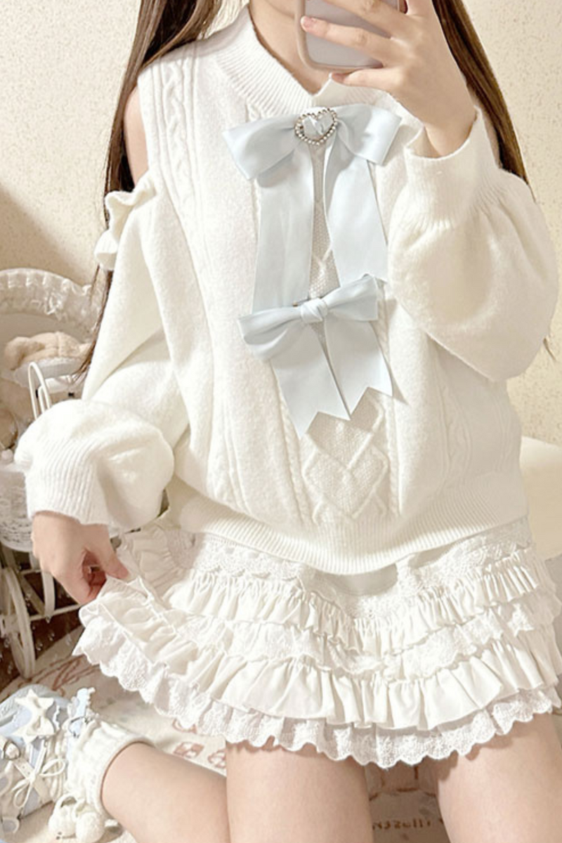 Sweet Girly Ribbon White Aqua Top