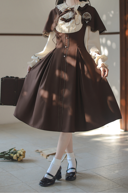 French Brown Lolita Dress + Cape + Beret + Badge