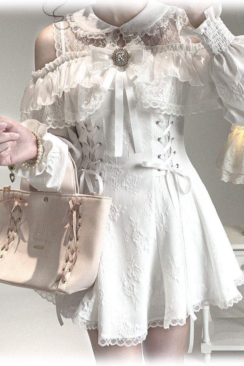 Off Shoulder Lace Up Lace Dress