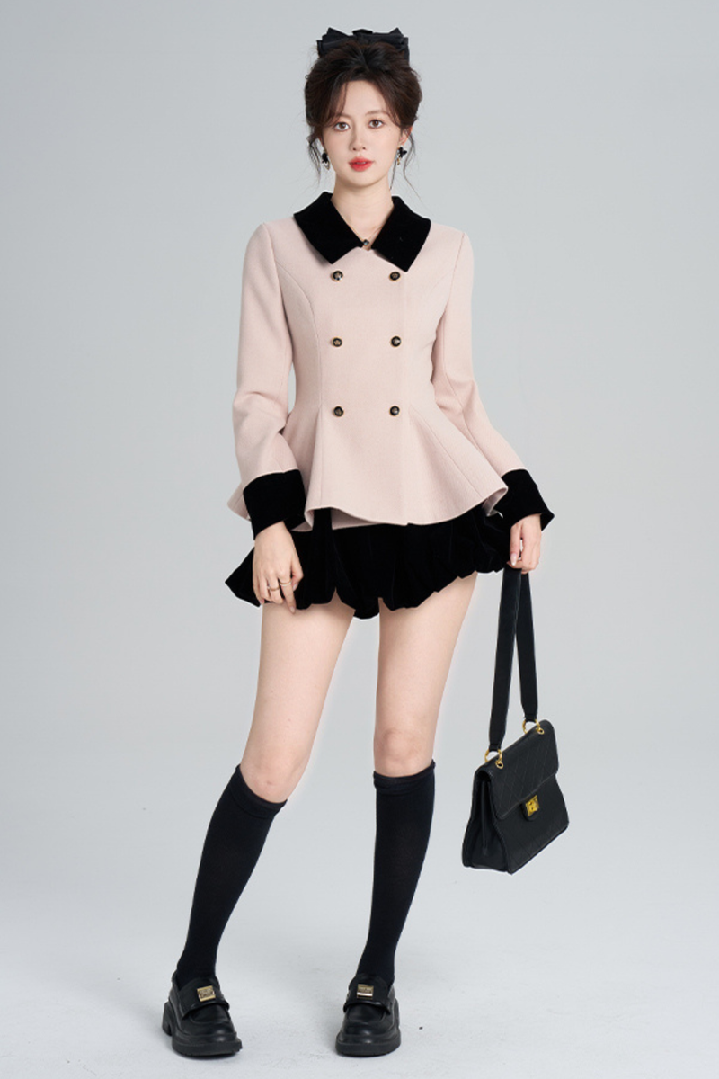 French Sweet Pink Flare Coat + Skirt