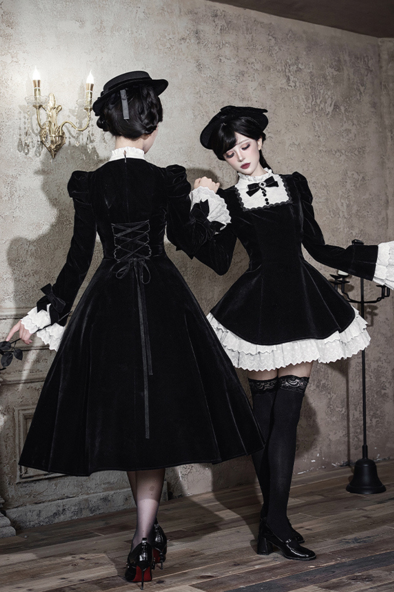 Slim Contrast Color Twin Dress + Collar + Bow + Brooch + Hat