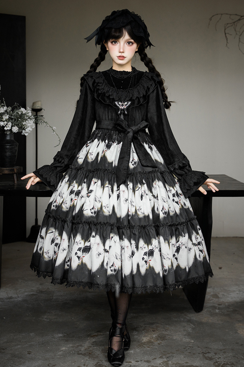 Butterfly Print Swing Lolita Dress + Jumper Skirt + Hairband + Innerwear + Ribbon