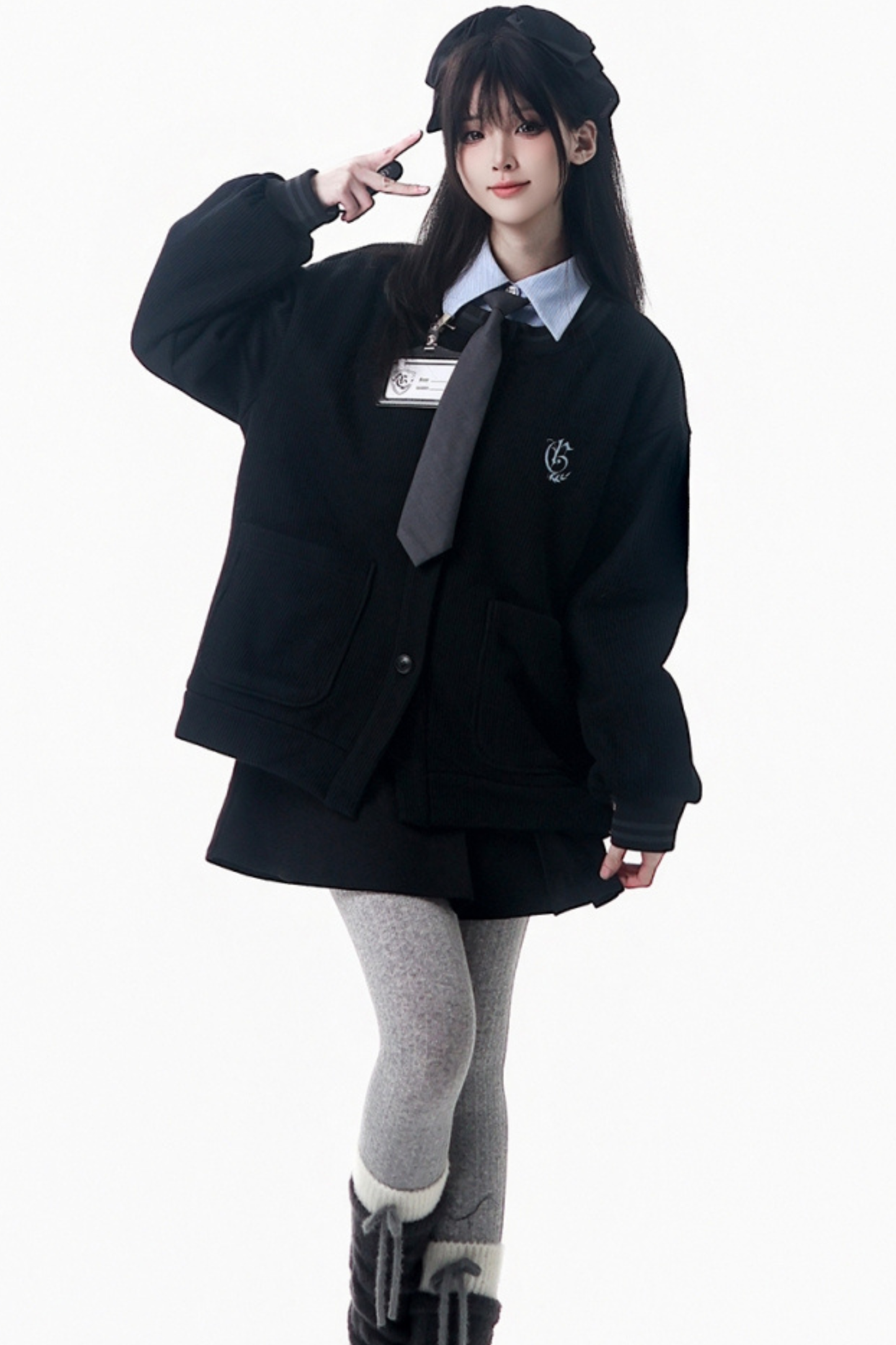 College Blue Shirt + Cardigan + Short Skirt + Long Skirt