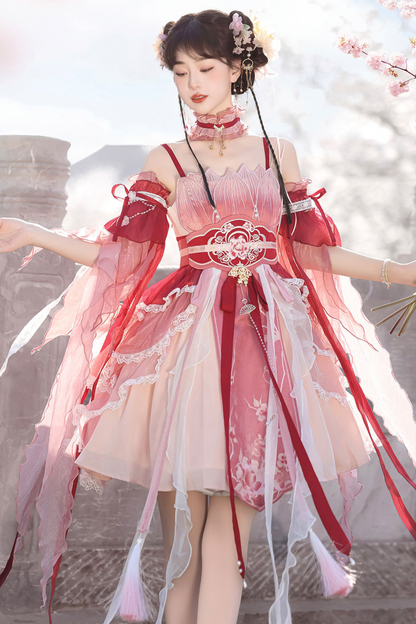 Chinese-style Feather Dress + Feather Sleeves + Waist Belt