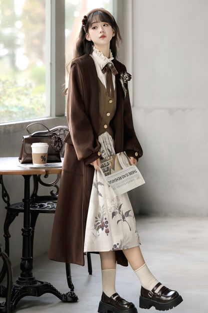 Retro Long Coat + Skirt + Shirt + Vest