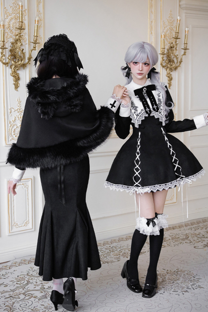 Mermaid Dress + Lace-up Short Dress + Cloak + Collar + Ribbon Brooch