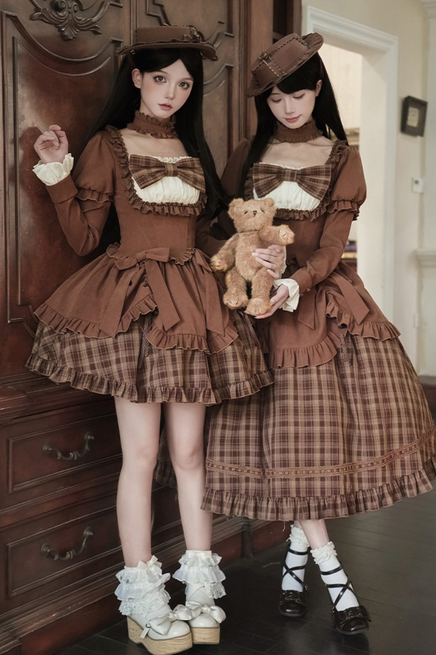 Sweet Checked Doll Dress + 2-way Ribbon + Bow + Hat