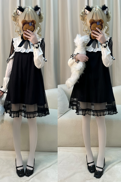 Lace Edge Mesh Paneled Little Black Dress