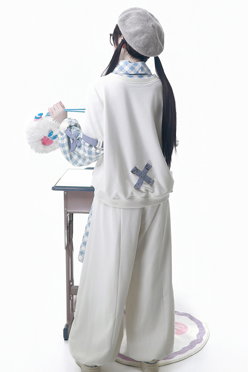 Digital Plaid Top + Wide Pants + Belt + Tie