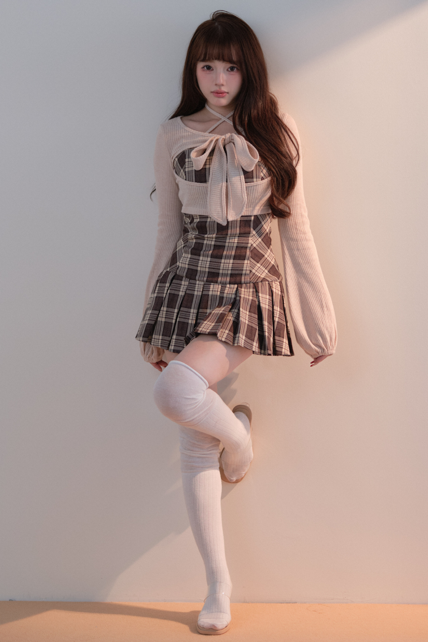 Checkered Dress + Short Knit Top