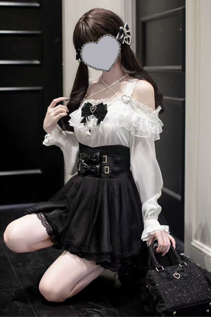 Jirai Off-the-shoulder Shirt + Plaid Skirt (with Inner Pants)