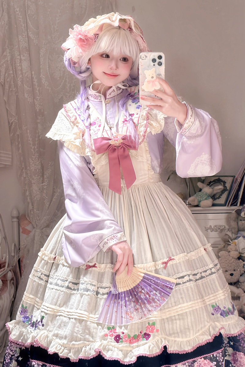 Chinese-style Lolita Top + Skirt + Apron + Headband + Bonnet