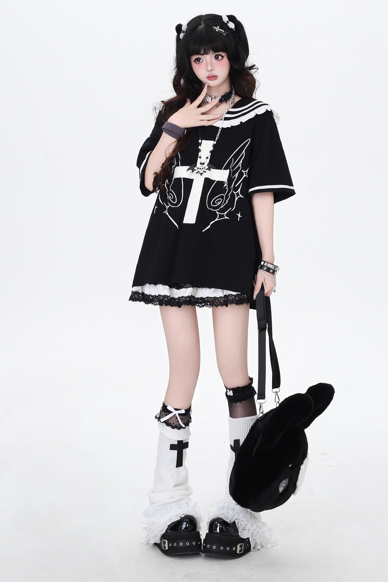 Cross Design Ruffled Sailor Top