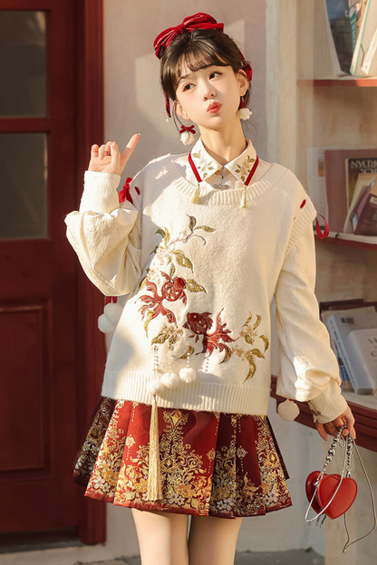 China Snow Knit Vest + Shirt + Skirt