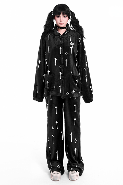 Gothic Cross Flannel Nightgown Coat + Loose Pants + Jacket