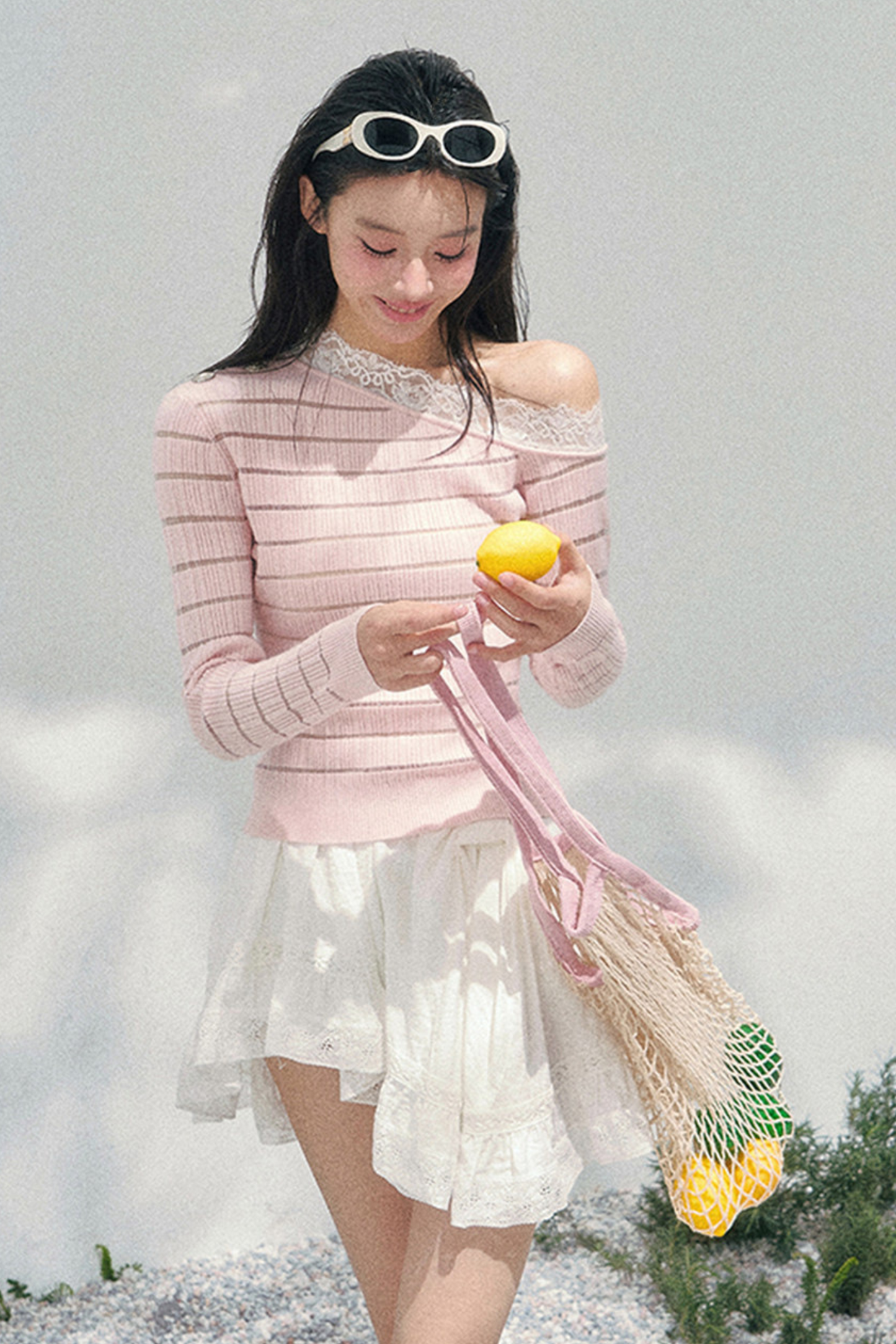 One Shoulder Glance Lace Striped Top