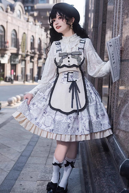 White Berlin Daily Print Removable Apron Classic Lolita Strap Dress
