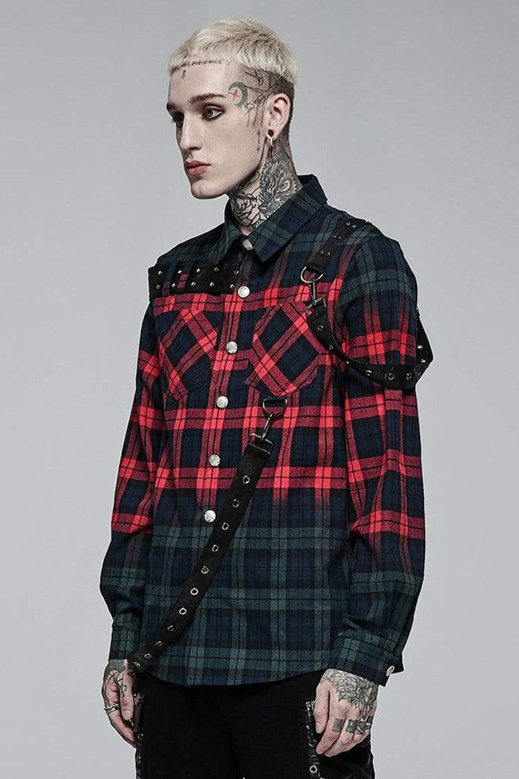 Red/green Punk Plaid Simple Leather Loops Cotton Asticity Shirt