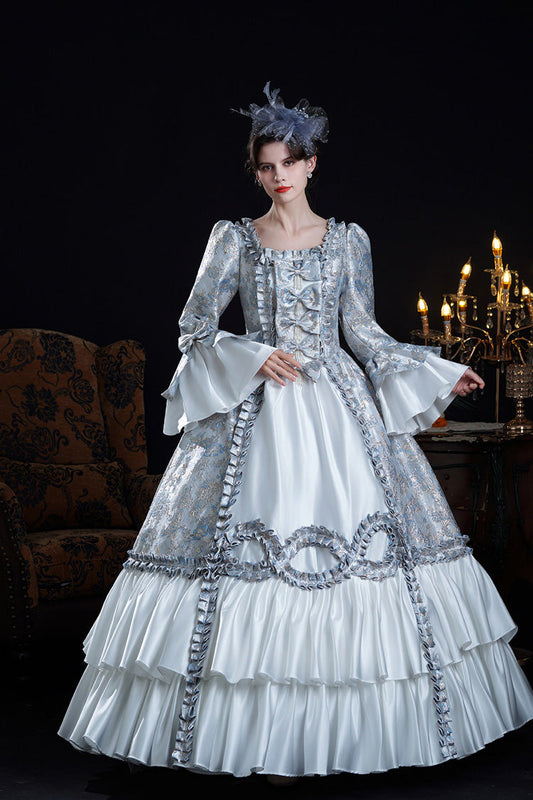 Blue Square Collar Long Trumpet Sleeves Double-layered Ruffled Embroidered Open-front Bow Classic Palace Lolita Victorian Dress