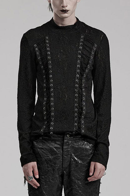 Black Round Collar Long Sleeves Jacquard Symmetrical Rope Gothic T-shirt