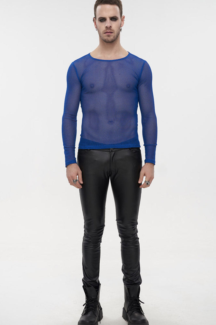 Blue Gothic Elasticity High Neck Long Sleeve Mesh Shirt