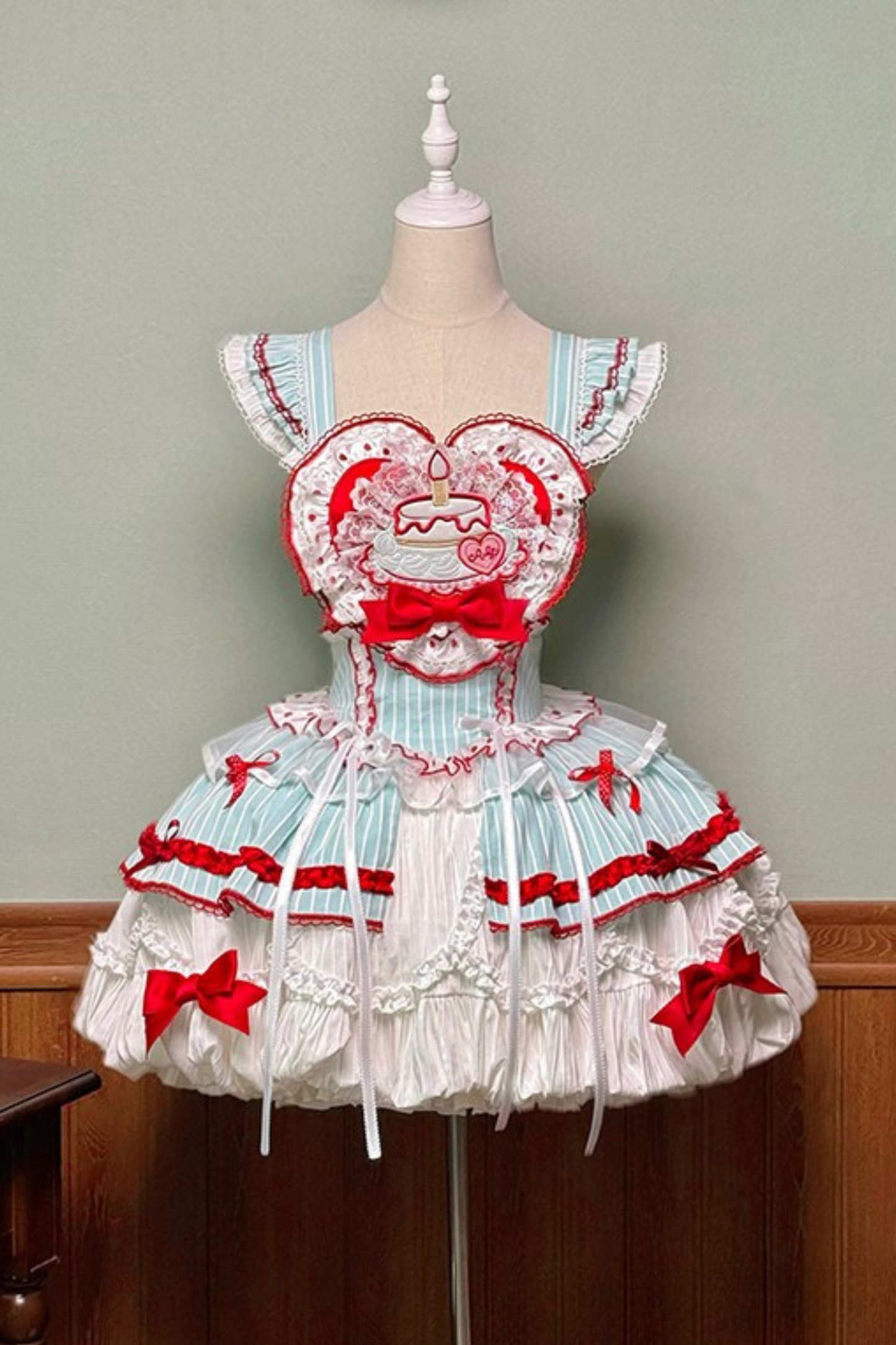 [pre-order Deadline: April 3] Twin Tiered Lolita Dot Ribbon Striped Dress + Flower Bud Skirt Dress